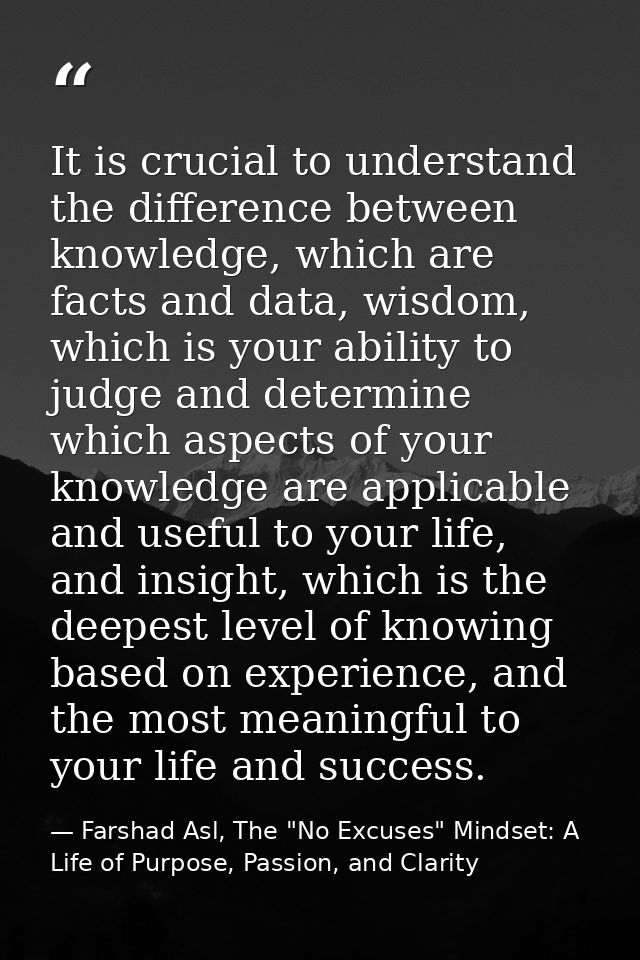 It is crucial to understand the difference between knowledge, which are facts and data, wisdom, which is your ability to — Farshad Asl, The "No Excuses" Mindset: A Life of Purpose, Passion, and Clarity