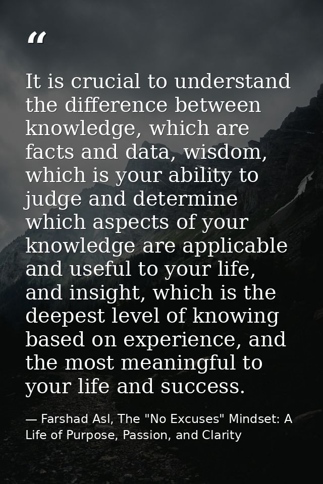 It is crucial to understand the difference between knowledge, which are facts and data, wisdom, which is your ability to — Farshad Asl, The "No Excuses" Mindset: A Life of Purpose, Passion, and Clarity