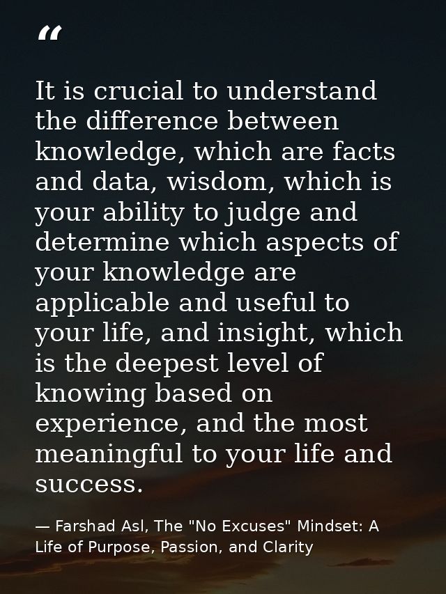 It is crucial to understand the difference between knowledge, which are facts and data, wisdom, which is your ability to — Farshad Asl, The "No Excuses" Mindset: A Life of Purpose, Passion, and Clarity