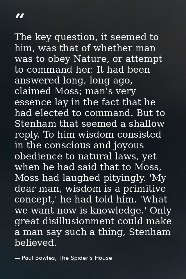 The key question, it seemed to him, was that of whether man was to obey Nature, or attempt to command her. It had been a — Paul Bowles, The Spider's House
