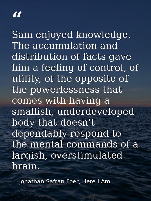 Sam enjoyed knowledge. The accumulation and distribution of facts gave him a feeling of control, of utility, of the oppo — Jonathan Safran Foer, Here I Am