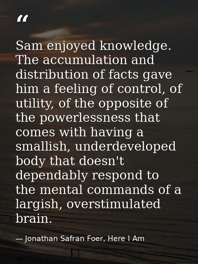 Sam enjoyed knowledge. The accumulation and distribution of facts gave him a feeling of control, of utility, of the oppo — Jonathan Safran Foer, Here I Am