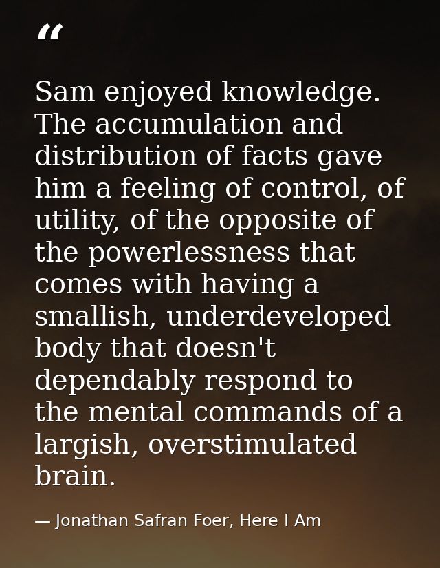 Sam enjoyed knowledge. The accumulation and distribution of facts gave him a feeling of control, of utility, of the oppo — Jonathan Safran Foer, Here I Am
