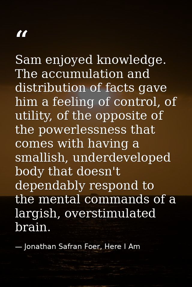 Sam enjoyed knowledge. The accumulation and distribution of facts gave him a feeling of control, of utility, of the oppo — Jonathan Safran Foer, Here I Am