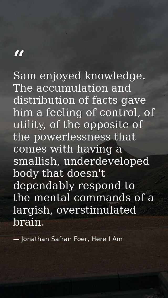 Sam enjoyed knowledge. The accumulation and distribution of facts gave him a feeling of control, of utility, of the oppo — Jonathan Safran Foer, Here I Am