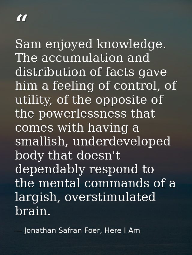 Sam enjoyed knowledge. The accumulation and distribution of facts gave him a feeling of control, of utility, of the oppo — Jonathan Safran Foer, Here I Am