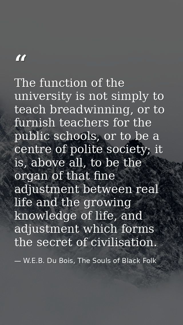The function of the university is not simply to teach breadwinning, or to furnish teachers for the public schools, or to — W.E.B. Du Bois, The Souls of Black Folk