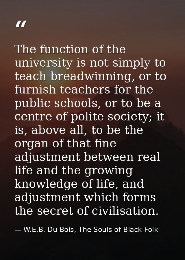 The function of the university is not simply to teach breadwinning, or to furnish teachers for the public schools, or to — W.E.B. Du Bois, The Souls of Black Folk