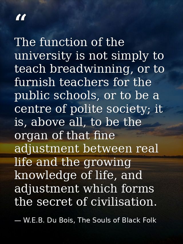 The function of the university is not simply to teach breadwinning, or to furnish teachers for the public schools, or to — W.E.B. Du Bois, The Souls of Black Folk