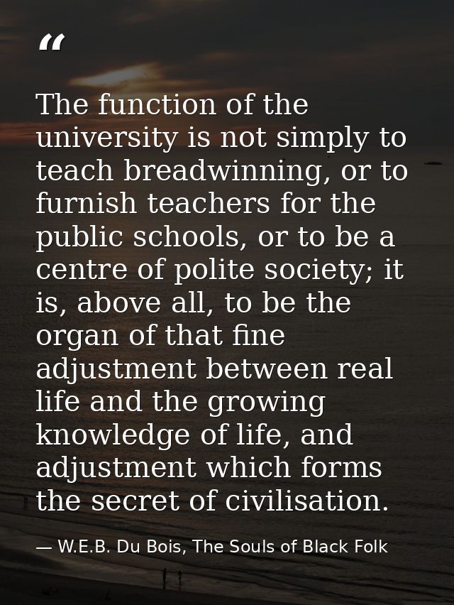The function of the university is not simply to teach breadwinning, or to furnish teachers for the public schools, or to — W.E.B. Du Bois, The Souls of Black Folk
