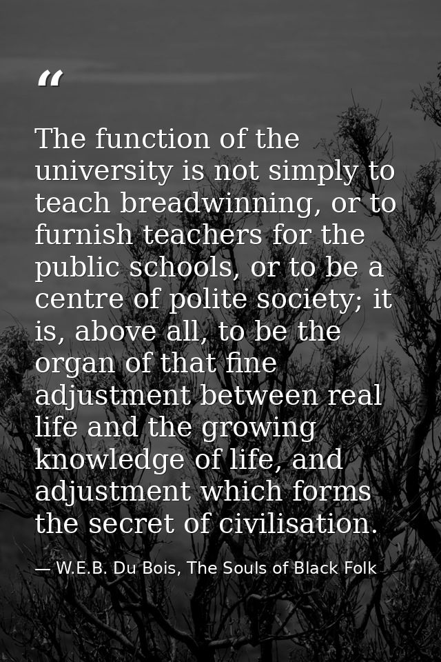 The function of the university is not simply to teach breadwinning, or to furnish teachers for the public schools, or to — W.E.B. Du Bois, The Souls of Black Folk