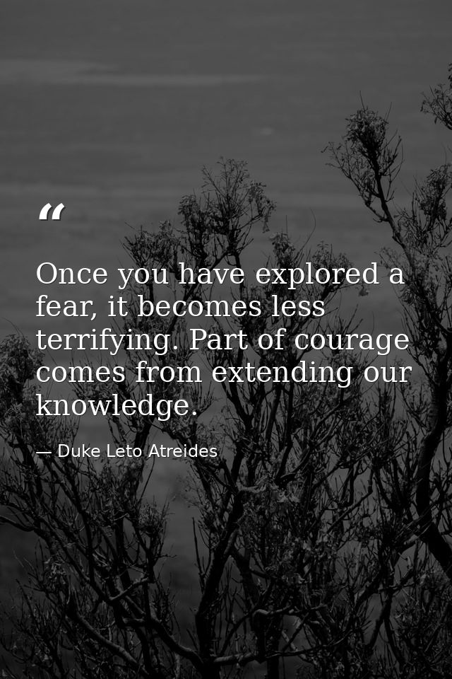 Once you have explored a fear, it becomes less terrifying. Part of courage comes from extending our knowledge. — Duke Leto Atreides