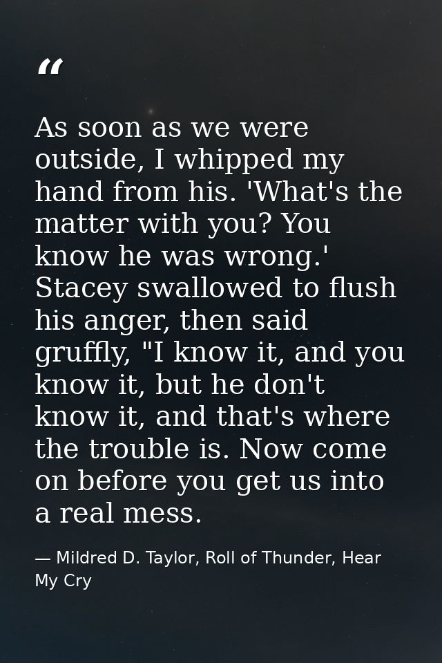 As soon as we were outside, I whipped my hand from his. 'What's the matter with you? You know he was wrong.' Stacey swal — Mildred D. Taylor, Roll of Thunder, Hear My Cry