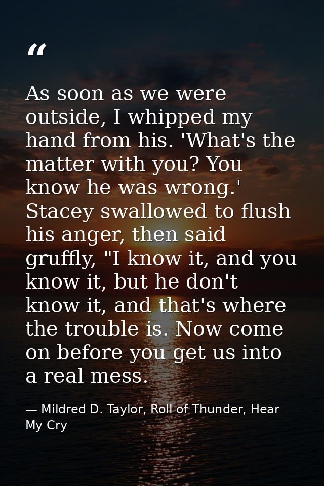 As soon as we were outside, I whipped my hand from his. 'What's the matter with you? You know he was wrong.' Stacey swal — Mildred D. Taylor, Roll of Thunder, Hear My Cry