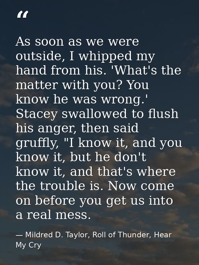 As soon as we were outside, I whipped my hand from his. 'What's the matter with you? You know he was wrong.' Stacey swal — Mildred D. Taylor, Roll of Thunder, Hear My Cry