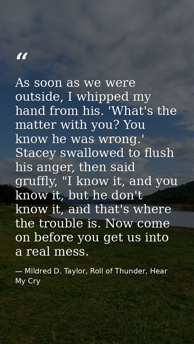 As soon as we were outside, I whipped my hand from his. 'What's the matter with you? You know he was wrong.' Stacey swal — Mildred D. Taylor, Roll of Thunder, Hear My Cry