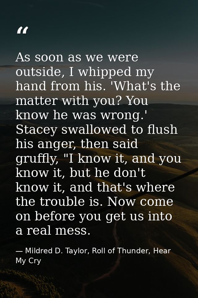 As soon as we were outside, I whipped my hand from his. 'What's the matter with you? You know he was wrong.' Stacey swal — Mildred D. Taylor, Roll of Thunder, Hear My Cry