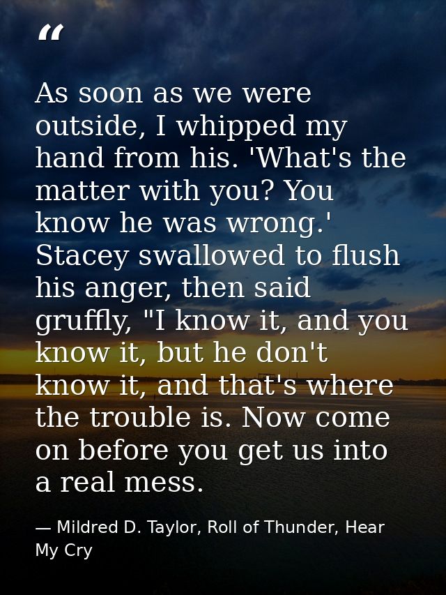 As soon as we were outside, I whipped my hand from his. 'What's the matter with you? You know he was wrong.' Stacey swal — Mildred D. Taylor, Roll of Thunder, Hear My Cry