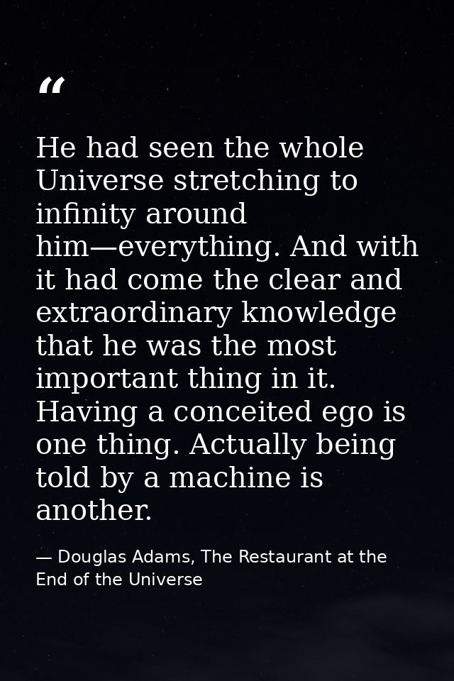 He had seen the whole Universe stretching to infinity around him—everything. And with it had come the clear and extraord — Douglas Adams, The Restaurant at the End of the Universe