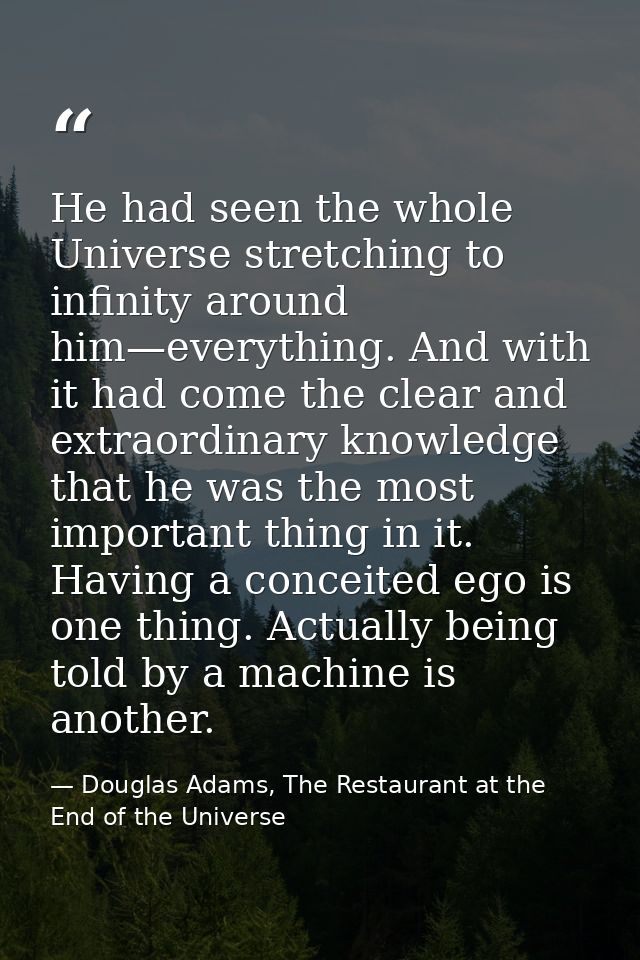 He had seen the whole Universe stretching to infinity around him—everything. And with it had come the clear and extraord — Douglas Adams, The Restaurant at the End of the Universe