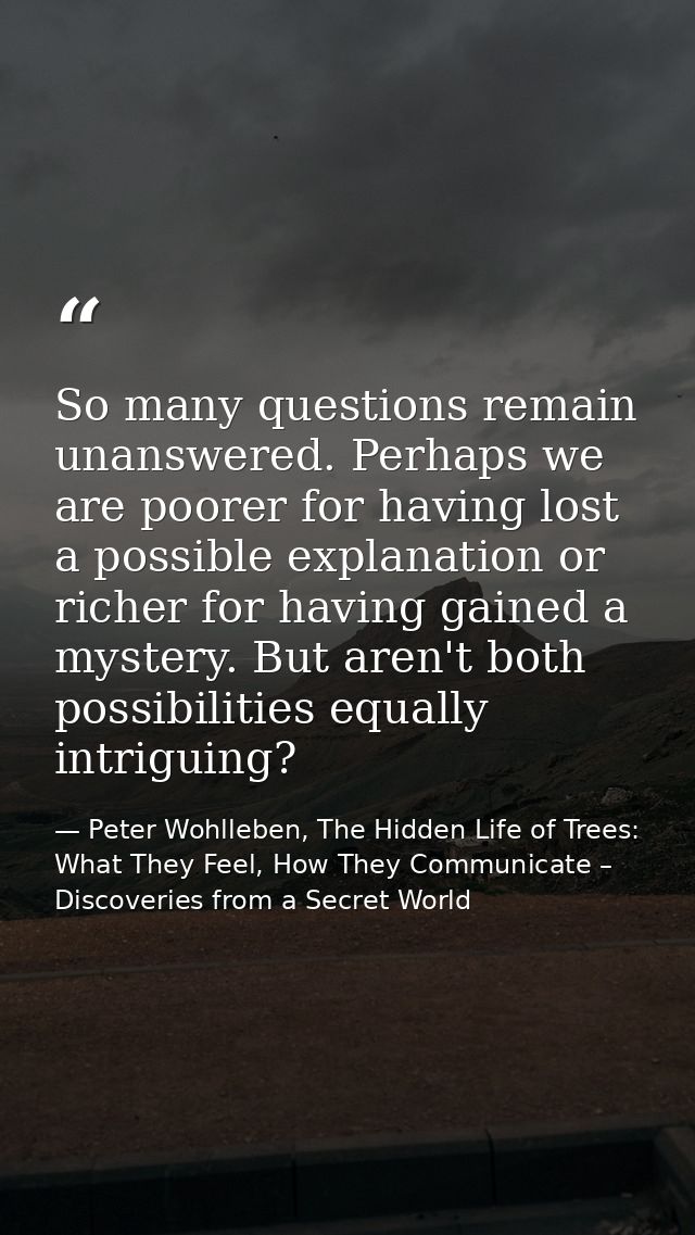 So many questions remain unanswered. Perhaps we are poorer for having lost a possible explanation or richer for having g — Peter Wohlleben, The Hidden Life of Trees: What They Feel, How They Communicate – Discoveries from a Secret World