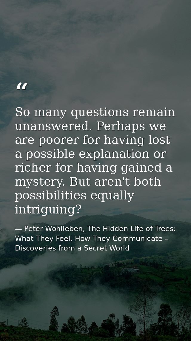 So many questions remain unanswered. Perhaps we are poorer for having lost a possible explanation or richer for having g — Peter Wohlleben, The Hidden Life of Trees: What They Feel, How They Communicate – Discoveries from a Secret World