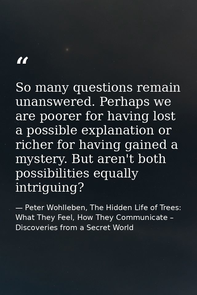 So many questions remain unanswered. Perhaps we are poorer for having lost a possible explanation or richer for having g — Peter Wohlleben, The Hidden Life of Trees: What They Feel, How They Communicate – Discoveries from a Secret World
