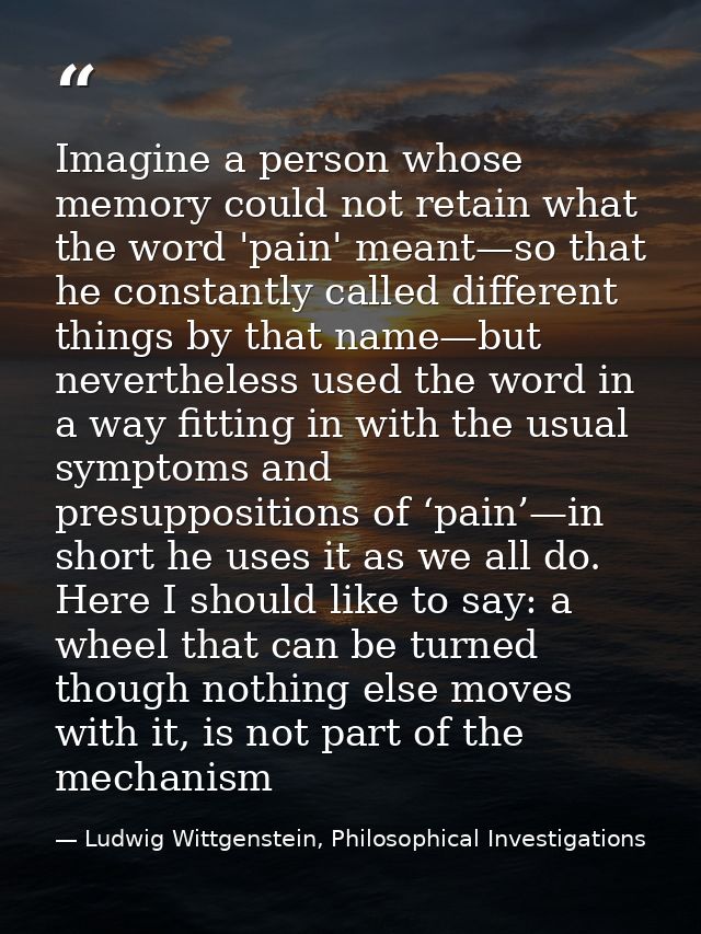 Imagine a person whose memory could not retain what the word 'pain' meant—so that he constantly called different things  — Ludwig Wittgenstein, Philosophical Investigations