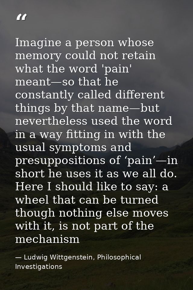 Imagine a person whose memory could not retain what the word 'pain' meant—so that he constantly called different things  — Ludwig Wittgenstein, Philosophical Investigations