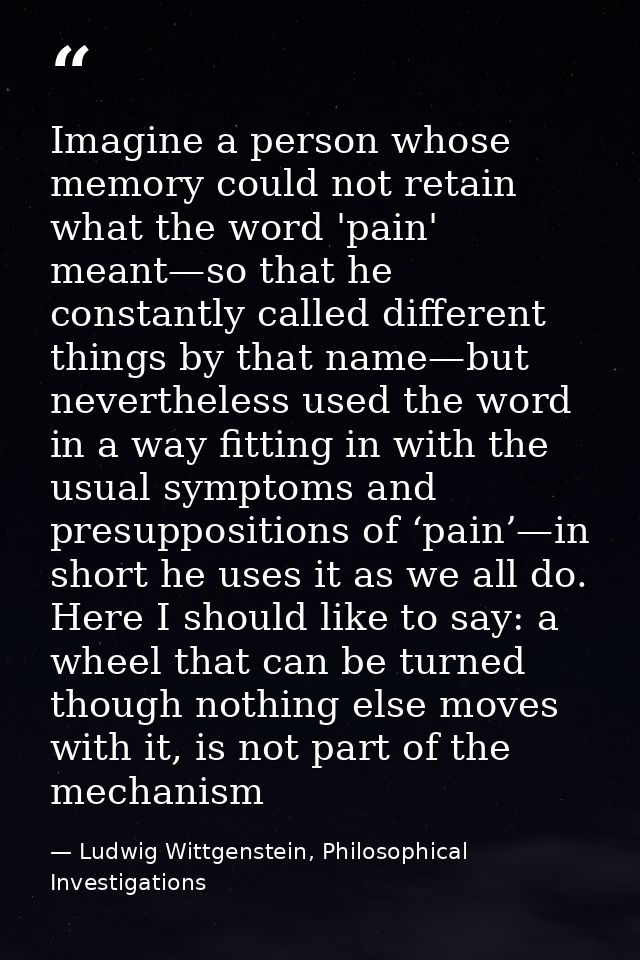 Imagine a person whose memory could not retain what the word 'pain' meant—so that he constantly called different things  — Ludwig Wittgenstein, Philosophical Investigations
