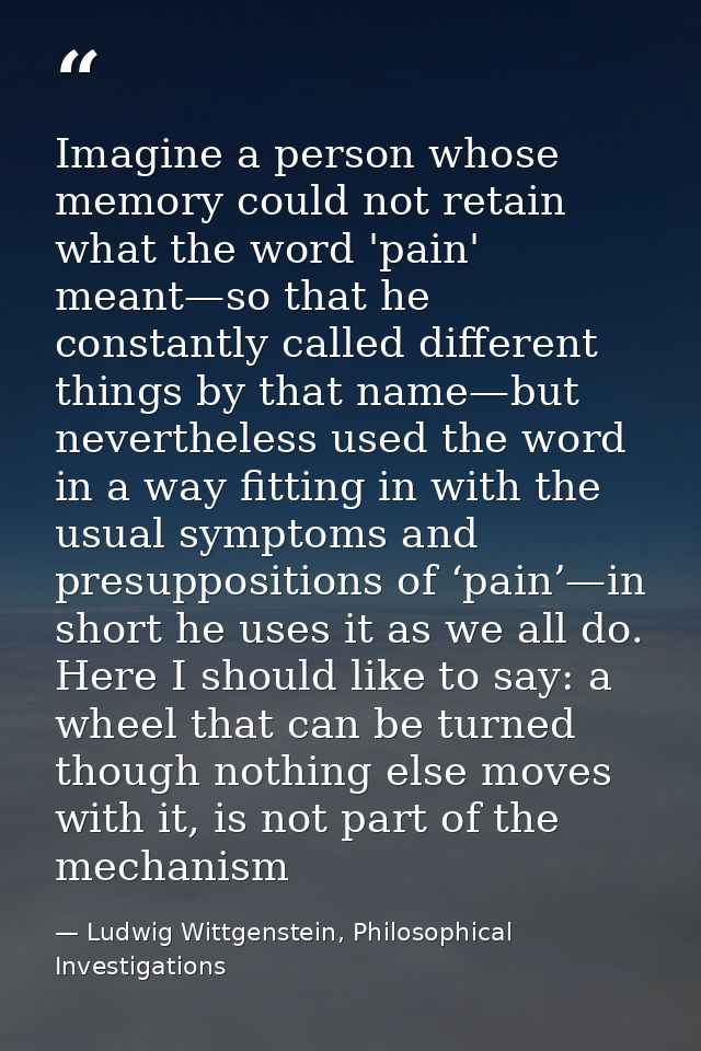 Imagine a person whose memory could not retain what the word 'pain' meant—so that he constantly called different things  — Ludwig Wittgenstein, Philosophical Investigations