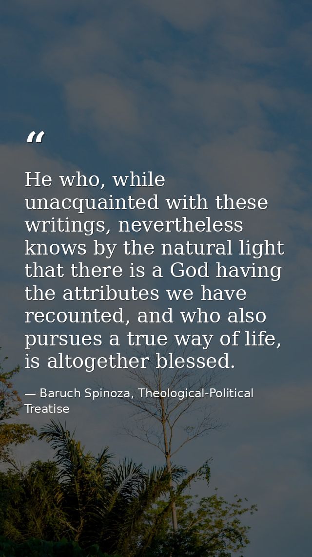 He who, while unacquainted with these writings, nevertheless knows by the natural light that there is a God having the a — Baruch Spinoza, Theological-Political Treatise