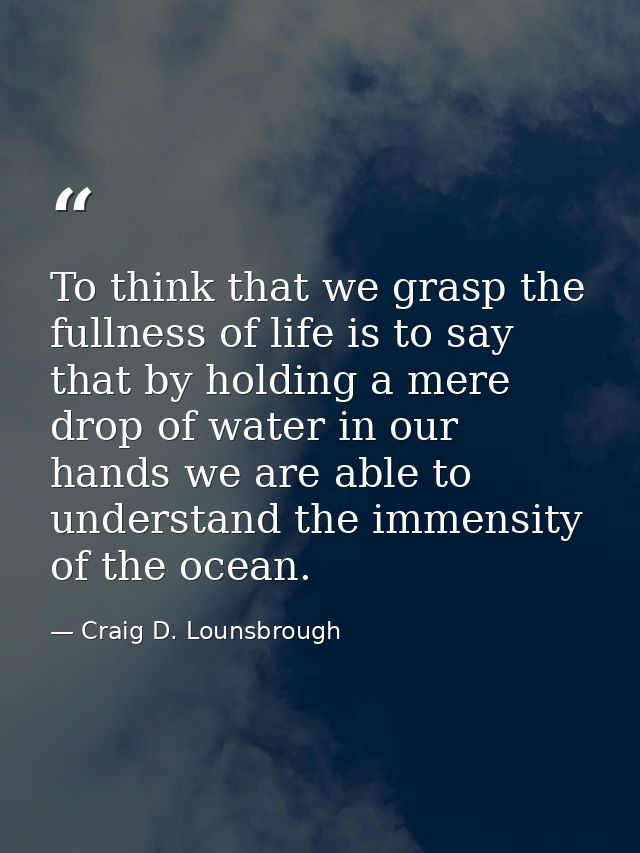 To think that we grasp the fullness of life is to say that by holding a mere drop of water in our hands we are able to u — Craig D. Lounsbrough