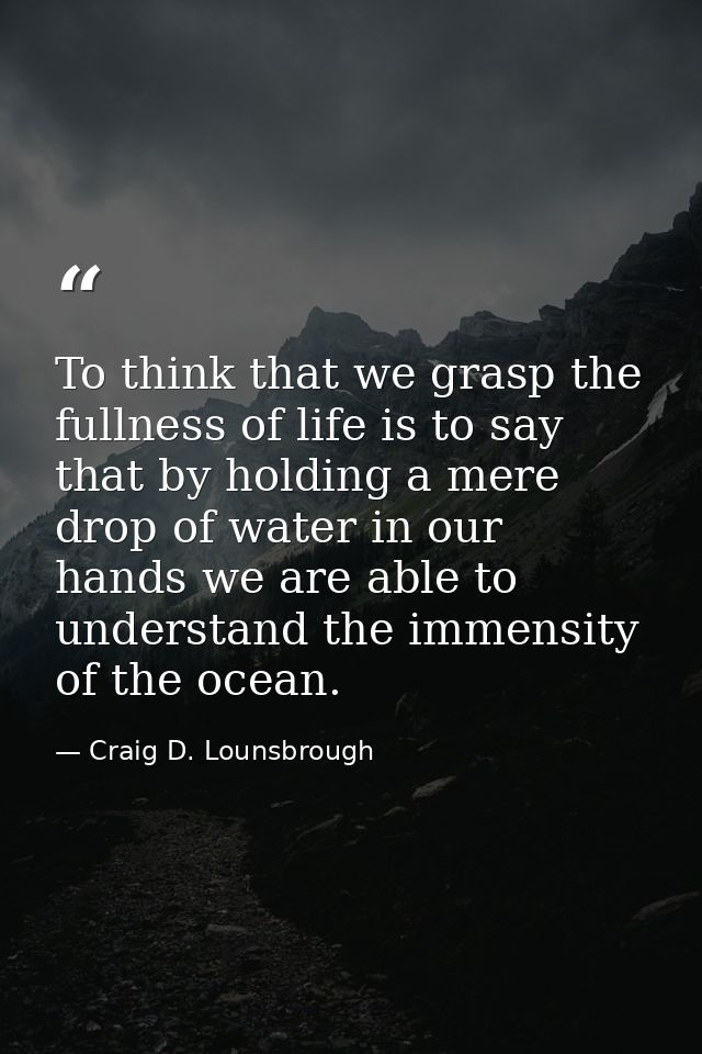 To think that we grasp the fullness of life is to say that by holding a mere drop of water in our hands we are able to u — Craig D. Lounsbrough