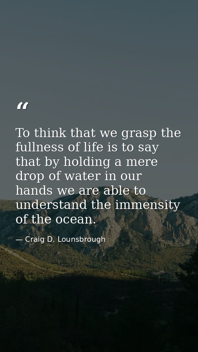 To think that we grasp the fullness of life is to say that by holding a mere drop of water in our hands we are able to u — Craig D. Lounsbrough