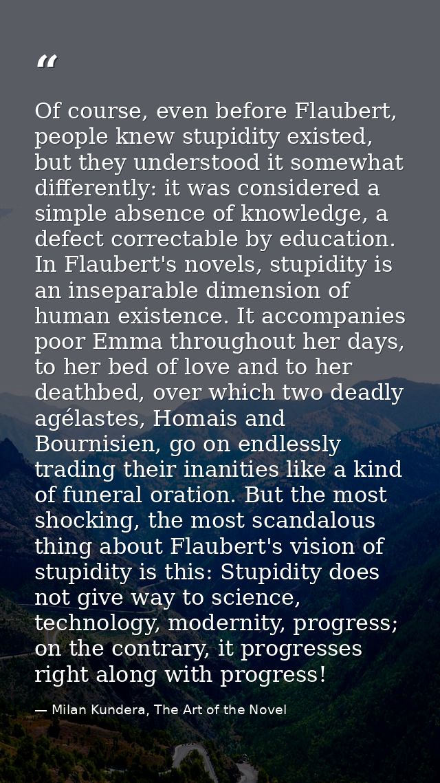 Of course, even before Flaubert, people knew stupidity existed, but they understood it somewhat differently: it was cons — Milan Kundera, The Art of the Novel