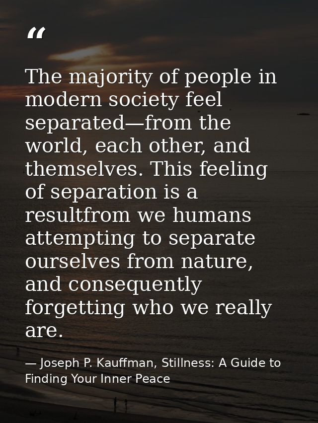 The majority of people in modern society feel separated—from the world, each other, and themselves. This feeling of sepa — Joseph P. Kauffman, Stillness: A Guide to Finding Your Inner Peace