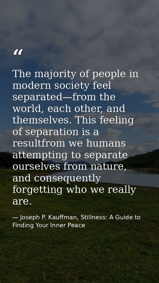 The majority of people in modern society feel separated—from the world, each other, and themselves. This feeling of sepa — Joseph P. Kauffman, Stillness: A Guide to Finding Your Inner Peace