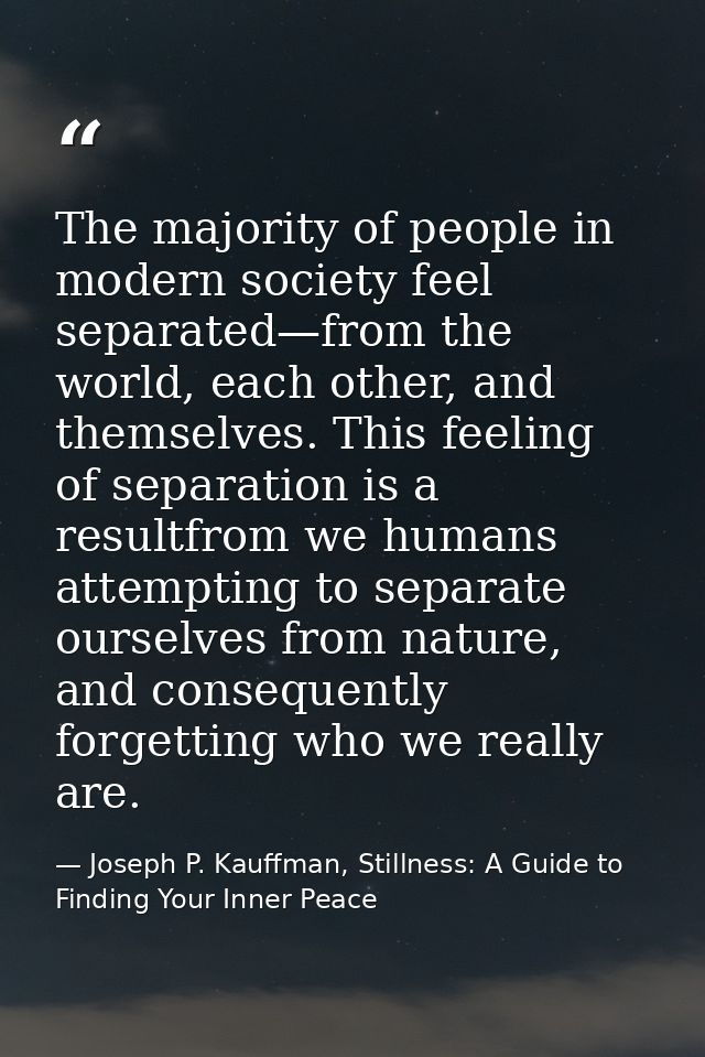 The majority of people in modern society feel separated—from the world, each other, and themselves. This feeling of sepa — Joseph P. Kauffman, Stillness: A Guide to Finding Your Inner Peace