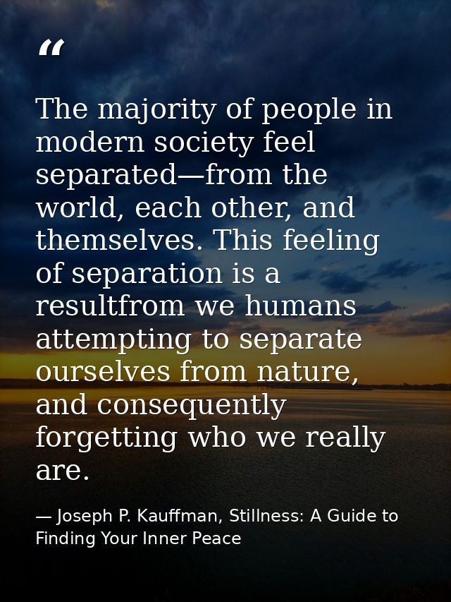 The majority of people in modern society feel separated—from the world, each other, and themselves. This feeling of sepa — Joseph P. Kauffman, Stillness: A Guide to Finding Your Inner Peace