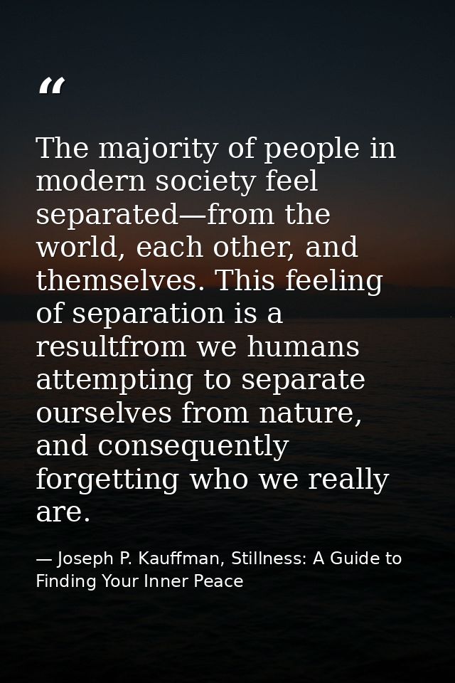 The majority of people in modern society feel separated—from the world, each other, and themselves. This feeling of sepa — Joseph P. Kauffman, Stillness: A Guide to Finding Your Inner Peace