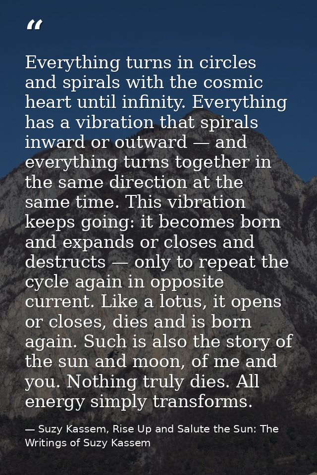 Everything turns in circles and spirals with the cosmic heart until infinity. Everything has a vibration that spirals in — Suzy Kassem, Rise Up and Salute the Sun: The Writings of Suzy Kassem