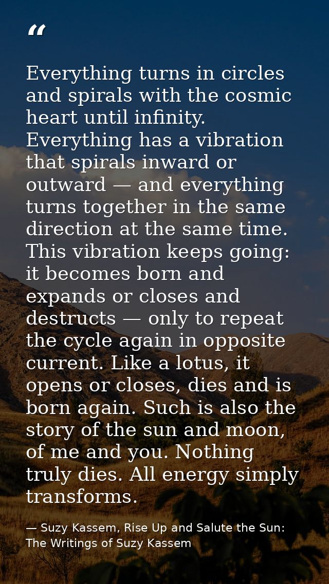 Everything turns in circles and spirals with the cosmic heart until infinity. Everything has a vibration that spirals in — Suzy Kassem, Rise Up and Salute the Sun: The Writings of Suzy Kassem