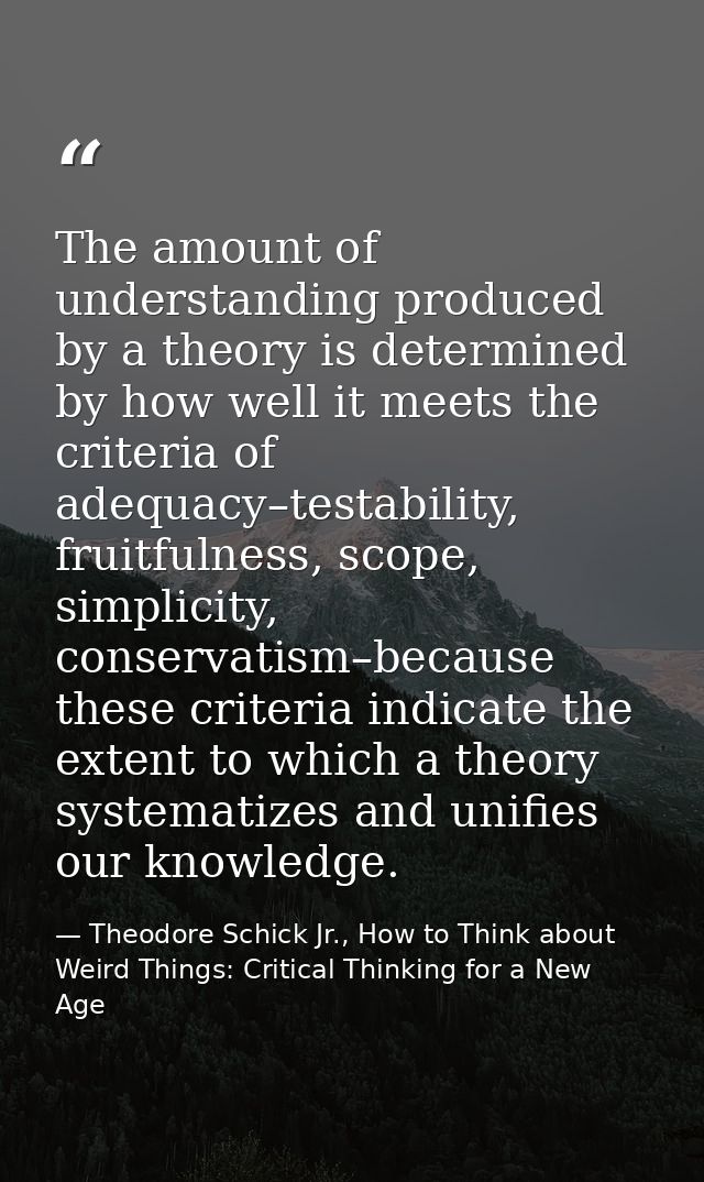 The amount of understanding produced by a theory is determined by how well it meets the criteria of adequacy–testability — Theodore Schick Jr., How to Think about Weird Things: Critical Thinking for a New Age