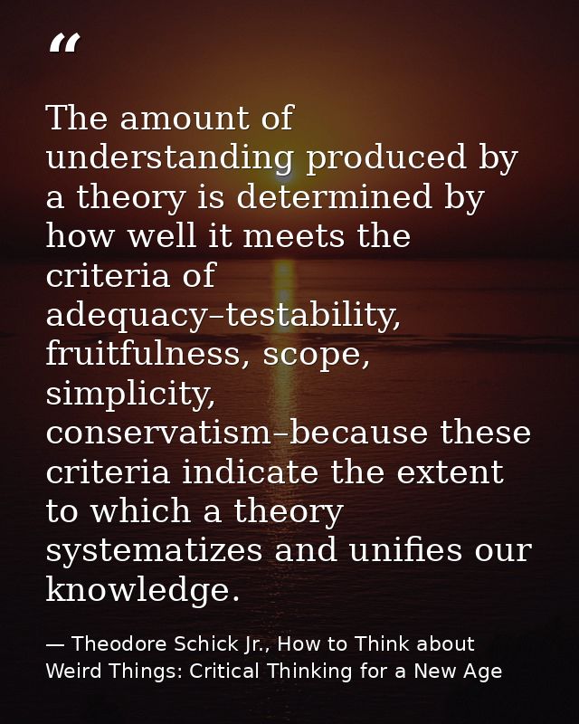 The amount of understanding produced by a theory is determined by how well it meets the criteria of adequacy–testability — Theodore Schick Jr., How to Think about Weird Things: Critical Thinking for a New Age