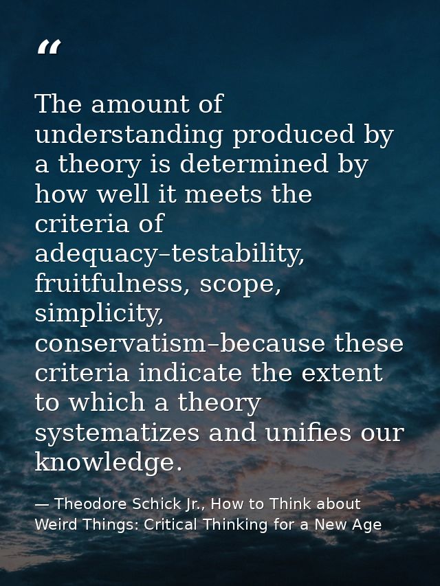The amount of understanding produced by a theory is determined by how well it meets the criteria of adequacy–testability — Theodore Schick Jr., How to Think about Weird Things: Critical Thinking for a New Age