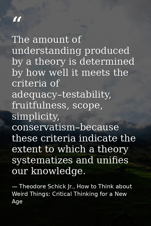 The amount of understanding produced by a theory is determined by how well it meets the criteria of adequacy–testability — Theodore Schick Jr., How to Think about Weird Things: Critical Thinking for a New Age