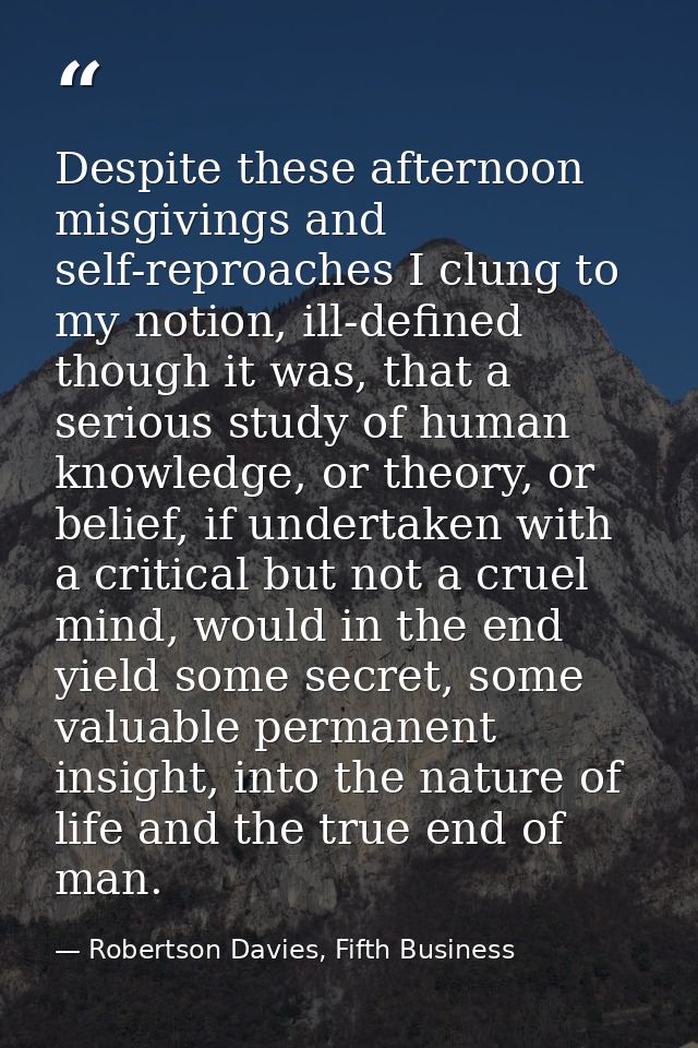 Despite these afternoon misgivings and self-reproaches I clung to my notion, ill-defined though it was, that a serious s — Robertson Davies, Fifth Business