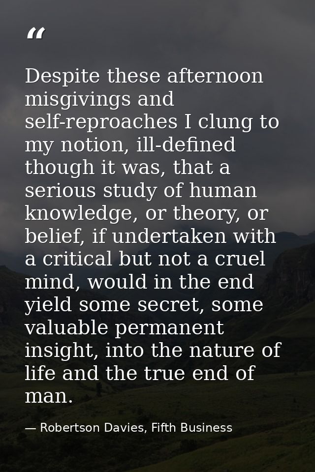 Despite these afternoon misgivings and self-reproaches I clung to my notion, ill-defined though it was, that a serious s — Robertson Davies, Fifth Business