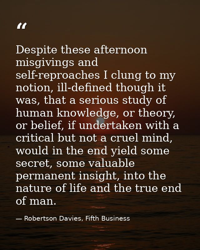 Despite these afternoon misgivings and self-reproaches I clung to my notion, ill-defined though it was, that a serious s — Robertson Davies, Fifth Business